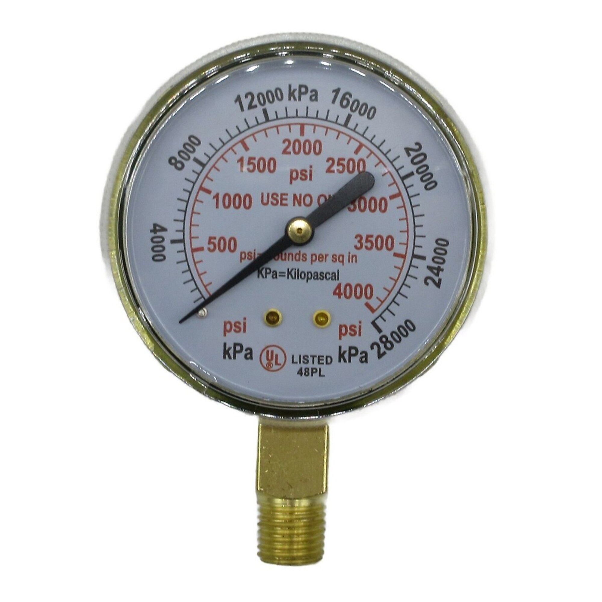 XTRweld Pressure Gauge — 2.5in., Brass, 4000 PSI/kPa, Red Line, UL-Listed, Polycarbonate Lens, Bottom Mount, Model# XTRPG254000